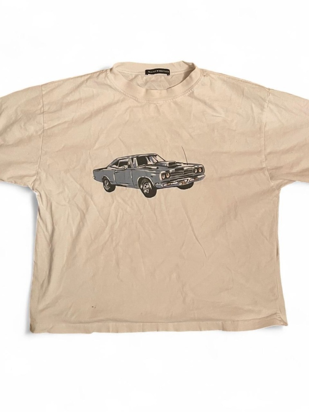Brandy Melville Beige Tee with Grey Car Graphic